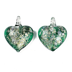 Lampwork Pendants, with Foil Glass, Heart, Green, 35x29.5x11.5mm, Hole: 5mm(FOIL-K003-02B)