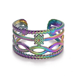 Rainbow Color Ion Plating(IP) 304 Stainless Steel Snowflake Open Cuff Ring for Women, US Size 9(18.9mm)(RJEW-A005-22MC)