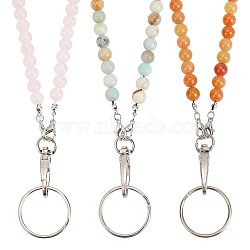 3Pcs 3 Style Natural Rose Quartz/Flower Amazonite/Red Aventurine & Wood Beaded Name Card Holder, ID Badge Holder, 495~500mm, 1pc/style(HJEW-SC0001-27)