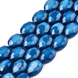 Opaque Solid Color Glass Beads Strands, Faceted, Oval, Dodger Blue, 16x12x7mm, Hole: 1~1.2mm, about 25pcs/strand, 14.96 inch(38cm)(GLAA-N032-02C)
