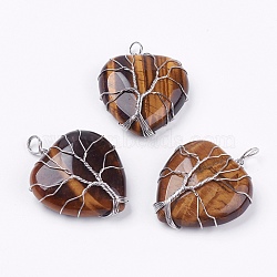 Natural Tiger Eye Pendants, with Brass Findings, Heart, Platinum, 39~42x30~31x10~11mm, Hole: 5mm(G-G713-F10)