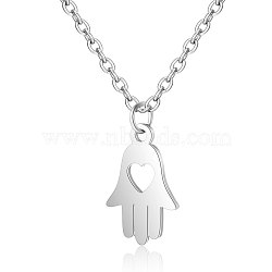 Tarnish Resistant 201 Stainless Steel Pendants Necklaces, Hamsa Hand, Stainless Steel Color, 16.3 inch(40cm)x1mm(NJEW-S063-TN453-1)