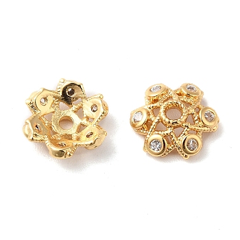 Brass Micro Pave Cubic Zirconia Bead Cap, 6-Petal Flower, Real 18K Gold Plated, 9.5x3mm, Hole: 1.5mm