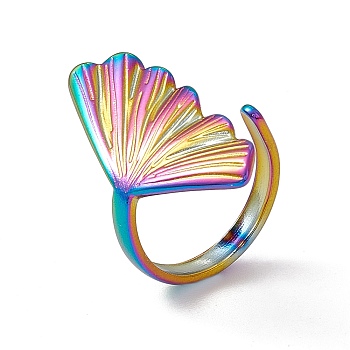 Ion Plating(IP) 304 Stainless Steel Shell Shape Cuff Ring for Women, Rainbow Color, US Size 6 1/4(16.7mm)