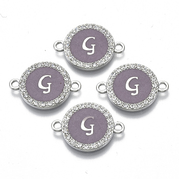 Alloy Enamel Links Connectors, with Crystal Rhinestones, Flat Round with Letter, Silver Color Plated, Letter.G, 22x16x2mm, Hole: 1.8mm