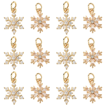 16Pcs 2 Styles Brass Micro Pave Cubic Zirconia Charms, Long-Lasting Plated, with Jump Ring, Snowflake Charm, Real 14K Gold Plated, 15~18x11~11.5x3~4mm, Hole: 3.5mm, 8pcs/style