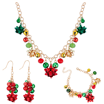 Christmas Star & Bell Alloy Pendant Necklaces & Charm Bracelets & Dangle Earrings, Glass Beaded Jewelry Set for Women, Golden, 19.68 inch(50cm), 7 inch(180mm), 75mm, Pin: 0.6mm