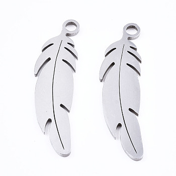 201 Stainless Steel Pendants, Laser Cut, Feather, Stainless Steel Color, 26x7x1mm, Hole: 1.4mm