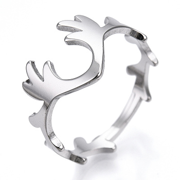 304 Stainless Steel Deer Antler Adjustable Ring for Women, Stainless Steel Color, US Size 6 1/2(16.9mm)