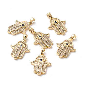 Brass Micro Pave Clear Cubic Zirconia Pendants, Long-Lasting Plated, Lead Free & Cadmium Free & Nickel Free, Hamsa Hamsa Hand, Religion, Real 18K Gold Plated, 21x16x2mm, Hole: 2.5x3.5mm