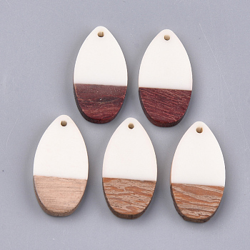 Resin & Walnut Wood Pendants, teardrop, Creamy White, 31x16x3.5~4mm, Hole: 1.5mm