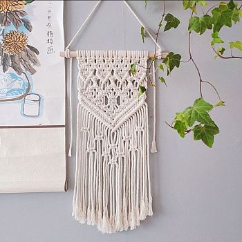 Cotton Cord Macrame Woven Wall Hanging, with Hook Findings, Floral White, 800x250x20mm