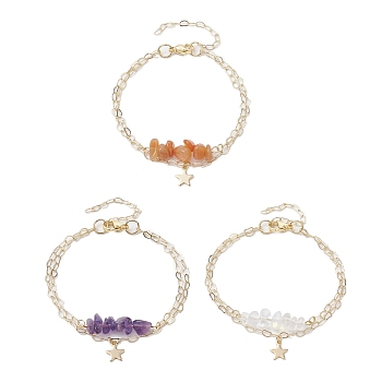 3Pcs 3 Styles Natural Red Aventurine & Natural Amethyst & Opalite Chip Multi-Strand Bracelet Sets, Star Charm 304 Stainless Steel Twisted Chain Stackable Bracelets for Women, 7-1/8 inch(18.2cm), 1pc/style