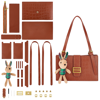 Rabbit DIY Imitation Leather Crossbody Bag Kits, including PU Leather Fabrics, Adjustable Shoulder Straps, Threads, Needles, Zipper, Screwdriver, Alloy Clasp, Sienna