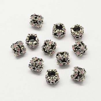 Hollow Flower Alloy Rhinestone Large Hole European Beads, Antique Silver, Light Rose, 10x10mm, Hole: 5mm