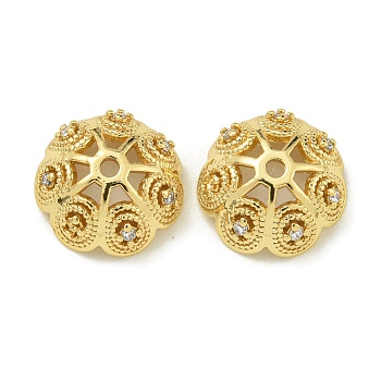 Rack Plating Brass Micro Pave Clear Cubic Zirconia Bead Caps, Long-Lasting Plated, Lead Free & Cadmium Free, Flower, Real 18K Gold Plated, 12.5x5mm, Hole: 1.5mm