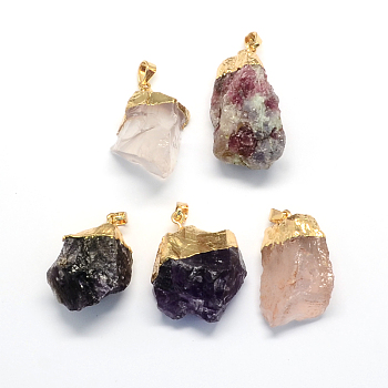 Plated Natural Crystal Pendants and Labradorite Pendants with Golden Tone Brass Findings, Mixed Stone, 30~38x15~30x12~20mm, Hole: 6x5mm