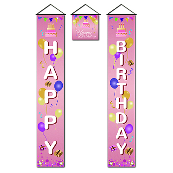 Polyester Hanging Sign for Home Office Front Door Porch Decorations, Rectangle & Square, Word Happy Birthday, Pink, 180x30cm and 30x30cm, 3pcs/set