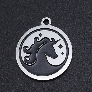 Non-Tarnish 201 Stainless Steel Etched Pendants, Flat Round with Waves, Stainless Steel Color, 22x19x1.5mm, Hole: 1.8mm