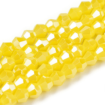 Opaque Solid Color Electroplate Glass Beads Strands, Pearl Luster Plated, Faceted, Bicone, Yellow, 2.9~3.3x2.5mm, Hole: 0.7mm, about 145~150pcs/strand, 16.34~16.54 inch(41.5~42cm)