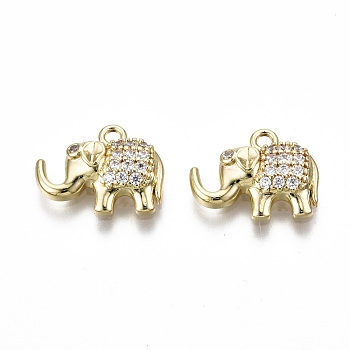 Brass Micro Pave Clear Cubic Zirconia Charms, Elephant Shape, Golden, 11x13x3mm, Hole: 1.4mm