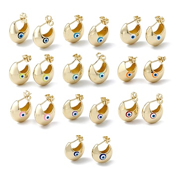 Enamel Crescent Moon with Evil Eye Stud Earrings, Real 18K Gold Plated Brass Half Hoop Earrings for Women, Mixed Color, 16.5x18mm, Pin: 1mm