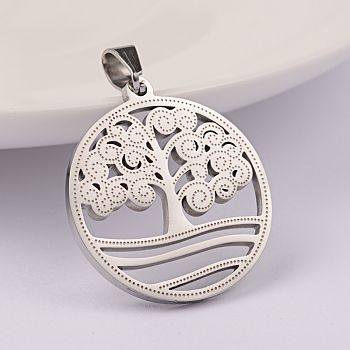 304 Stainless Steel Pendants, Flat Round with Tree, Stainless Steel Color, 27x25x2mm, Hole: 6x4mm