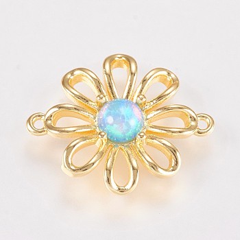 Brass Flower Links connectors, with Synthetic Opal Stamen, Golden Plated, Deep Sky Blue, 19x15.5x3.5mm, Hole: 1.2mm