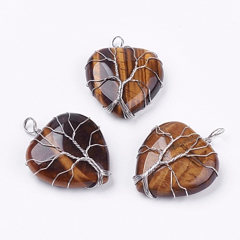 Natural Tiger Eye Pendants, with Brass Findings, Heart, Platinum, 39~42x30~31x10~11mm, Hole: 5mm