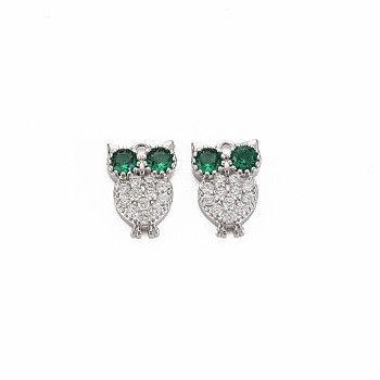 Brass Micro Pave Cubic Zirconia Charms, Nickel Free, Real Platinum Plated, Owl, Green, 10.5x7x2mm, Hole: 1mm