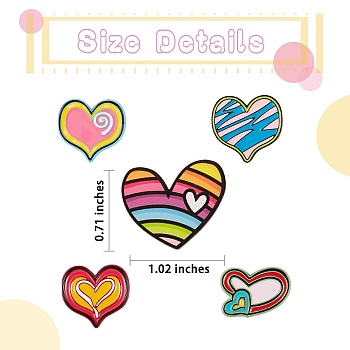 5Pcs 5 Style Heart Alloy Enamel Brooches, Enamel Pin for Backpack Clothing, Mixed Color, 18~33.5x25~40.5x8.5~11mm,1pc/style