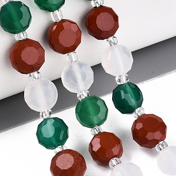 Natural Red Agate & Green Agate & Red Jasper Beads Strands, Flat Round, Faceted Coin Beads, 7~8.5x5~5.5mm, Hole: 1~1.2mm, about 20pcs/strand, 7.36~7.60''(18.7~19.3cm)