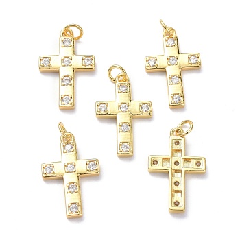 Brass Micro Pave Clear Cubic Zirconia Pendants, with Jump Ring, Long-Lasting Plated, Cross, Real 18K Gold Plated, 22x14x2mm, Jump Rings: 5x1mm, 3mm Inner Diameter