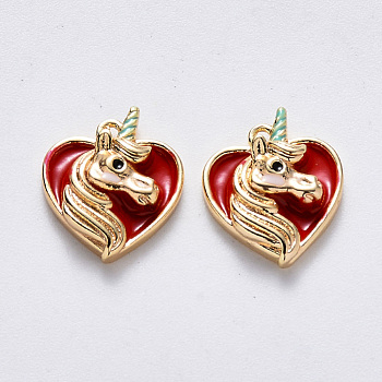 Brass Enamel Pendants, Nickel Free, Heart with Unicorn, Real 18K Gold Plated, Red, 13.5x11.5x3.5mm, Hole: 1mm