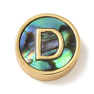 Brass Beads, with Resin Imitation Paua Shell, Flat Round, Real 14K Gold Plated, Letter D, 13.5x4mm, Hole: 1.6mm(KK-U046-17G-D)