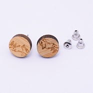 Natural Wood Stud Earrings, with Stainless Steel Stud Earring Findings and Ear Nuts, Flat Round, Bisque, Mountain Pattern, 12x4mm, Pin: 0.6mm(EJEW-WH0005-03I)