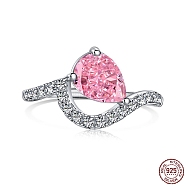 Real Platinum Plated Rhodium Plated 925 Sterling Silver Birthstone Rings, Cubic Zirconia Teardrop Finger Ring, Pink, 1.8mm,US Size 7(17.3mm)(RJEW-F150-74B-02P)