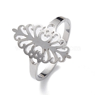Hollow Out Leaf 304 Stainless Steel Open Cuff Ring for Women, Stainless Steel Color, Inner Diameter: 18mm(RJEW-E073-08P)