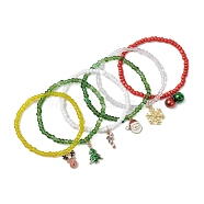 6 Pcs Glass Seed Beaded Stretch Bracelets for Women, Christmas Theme Alloy Enamel Charm Bracelet, Christmas Tree/Deer/Santa Claus, Mixed Color, Inner Diameter: 2-1/4 inch(5.8cm), 6pcs/set(BJEW-JB11121)