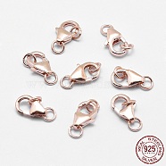 925 Sterling Silver Lobster Claw Clasps, Electroplate, with Jump Rings, Rose Gold, 11mm, Hole: 2mm(STER-G019-06-8mm)