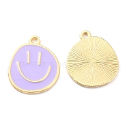 Alloy Enamel Pendants, Golden, Flat Round with Smiling Face Charm, Lilac, 24.5x20x1.5mm, Hole: 2mm(X-ENAM-D051-18G-06)