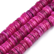 Natural Freshwater Shell Beads Strands, Dyed, Heishi Beads, Flat Round/Disc, Medium Violet Red, 8x1~2.5mm, Hole: 0.8mm, about 196~210pcs/strand, 15.16 inch~15.43 inch(38.5cm~39.2cm)(BSHE-I016A-01E)