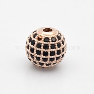 CZ Brass Micro Pave Grade AAA Black Color Cubic Zirconia Round Beads, Cadmium Free & Nickel Free & Lead Free, Rose Gold, 6mm, Hole: 1.5mm(KK-O065-6mm-01RG-NR)