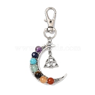 Wire Wrapped Chakra Synthetic & Natural Mixed Stone & Alloy Moon Pendant Decorations, with Swivel Lobster Claw Clasps, Trinity Knot, 72mm, Pendants: 41.5x34.5x8.5mm(HJEW-JM01576-02)