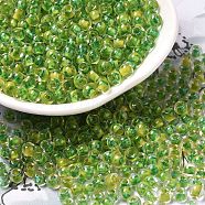 Transparent Glass Round Seed Beads, Inside Colours, Round, Light Green, 6/0, 4x3mm, Hole: 1.2mm, about 7258pcs/pound(SEED-B001-05A-04)