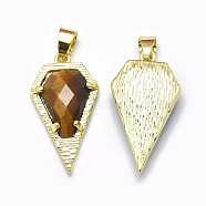 Natural Tiger Eye Pendants, with Brass Findings, Diamond, Faceted, Golden, 28x15x5.5mm, Hole: 4mm(G-O176A-01G)
