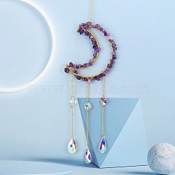 Glass & Brass Moon Pendant Decorations, Suncatchers, Rainbow Maker, with Chips Amethyst, for Home Decoration, 520mm(HJEW-PW0002-09H)