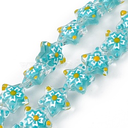 Handmade Lampwork Beads Strands, with Enamel, Star with Sakura Pattern, Cyan, 13x13.5x12mm, Hole: 1mm, about 33pcs/strand, 14.72 inch(37.4cm)(LAMP-F029-03G)