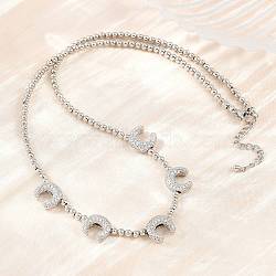 Brass Micro Pave Clear Cubic Zirconia Double Horn and Round Beaded Necklaces, Cadmium Free & Lead Free, Rack Plating, Long-Lasting Plated, Platinum, 17.13 inch(43.5cm)(KK-CBA4547-06P)