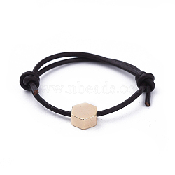 Adjustable Cowhide Leather Cord Finger Rings, with Brass  Beads, Hexagon, Black, Real 18K Gold Plated, Size 10, 20mm(RJEW-JR00256-01)